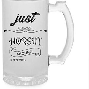 Crazy Sutra Funny and Cool Quote JustHorIn Printed Clear Frosted Glass Beer Mug for Friends/Brother/Boyfriend (500ml)