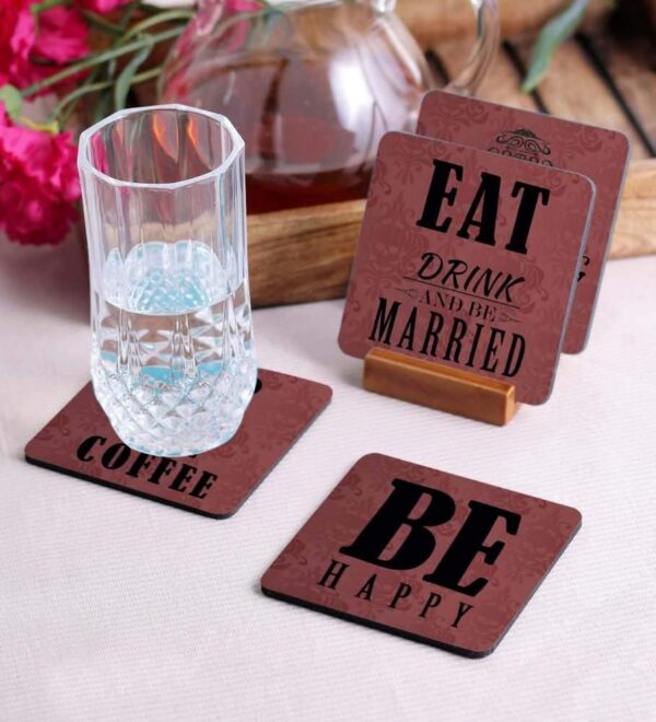 Crazy Sutra Premium HD Printed Standard Size Coasters for Tea Coffee, Cups, Mugs Beer, Cans Bar Glass, Home Kitchen, Office Desk Set of-4 (Cos-BeHappy)