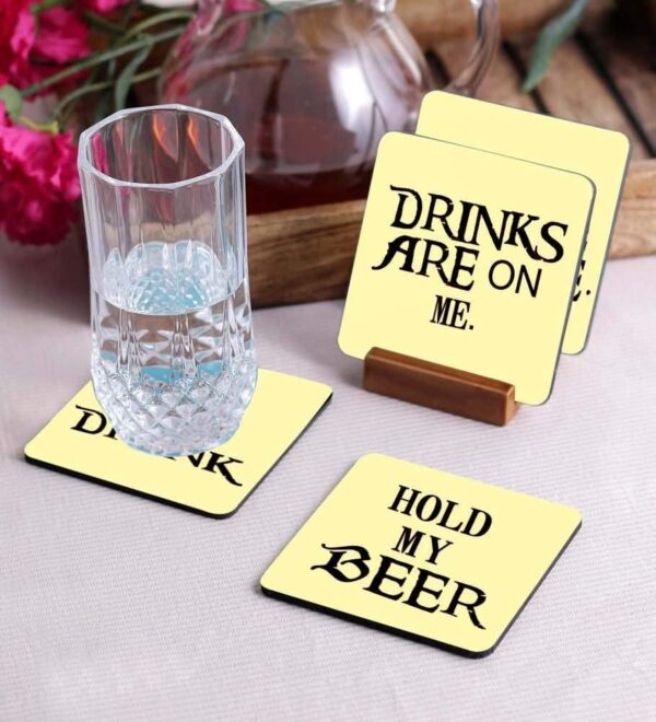Crazy Sutra Premium HD Printed Standard Size Coasters for Tea Coffee, Cups, Mugs Beer, Cans Bar Glass, Home Kitchen, Office Desk Set of-4 (Cos-HoldMyBeer2)