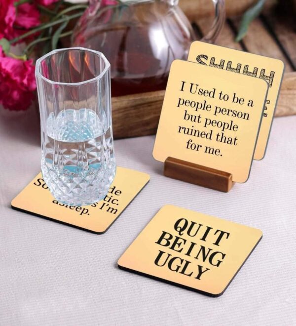 Crazy Sutra Premium HD Printed Standard Size Coasters for Tea Coffee, Cups, Mugs Beer, Cans Bar Glass, Home Kitchen, Office Desk Set of-4 (Cos-QuitBeing2)