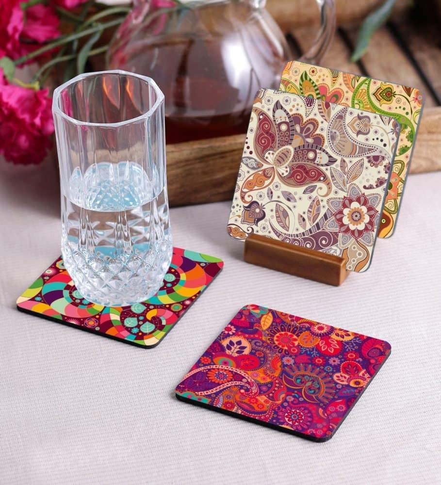 Crazy Sutra Premium HD Printed Standard Size Coasters for Tea Coffee Cups, Mugs, Beer Mugs, Cans Bar Glass, Home, Kitchen, Office, Desk Set of 4 Coasters (Cos-Pattern3-1)