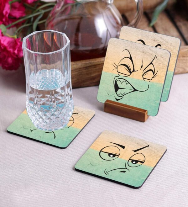 Crazy Sutra Premium HD Printed Standard Size Coasters for Tea Coffee, Cups, Mugs Beer, Cans Bar Glass, Home Kitchen, Office Desk Set of-4 (Cos-FaceExpression-3)