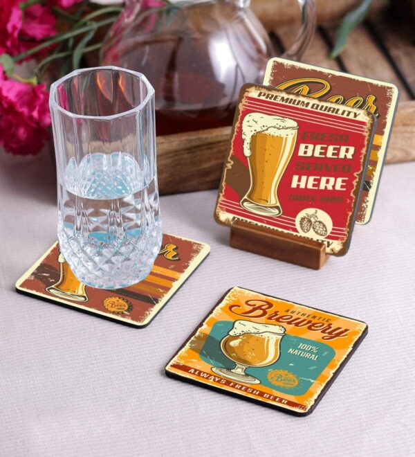 Crazy Sutra Premium HD Printed Standard Size Coasters for Tea Coffee, Cups, Mugs Beer, Cans Bar Glass, Home Kitchen, Office Desk Set of-4 (Cos-Brewery)