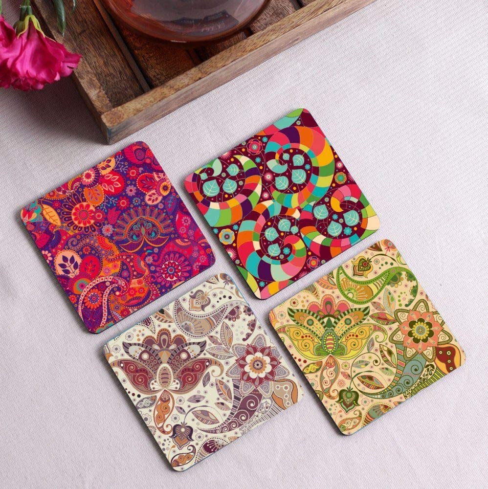 Crazy Sutra Premium HD Printed Standard Size Coasters for Tea Coffee Cups, Mugs, Beer Mugs, Cans Bar Glass, Home, Kitchen, Office, Desk Set of 4 Coasters (Cos-Pattern3-1)
