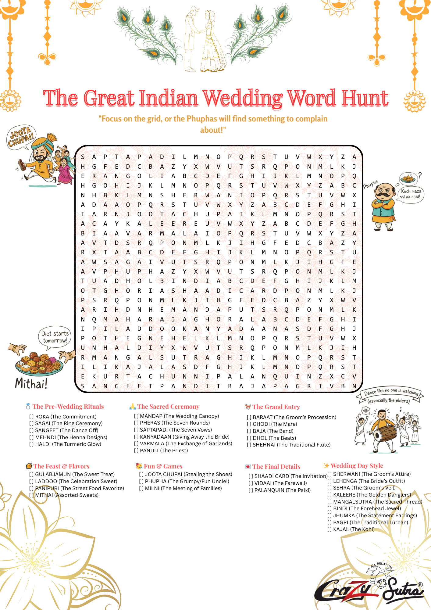 Playzo by Crazy Sutra The Great Indian Wedding Word Hunt Game | A3 Size Activity Sheet Pack of 4 with Solution | Fun Wedding Game for Guests, Baraat & Mehendi Celebrations