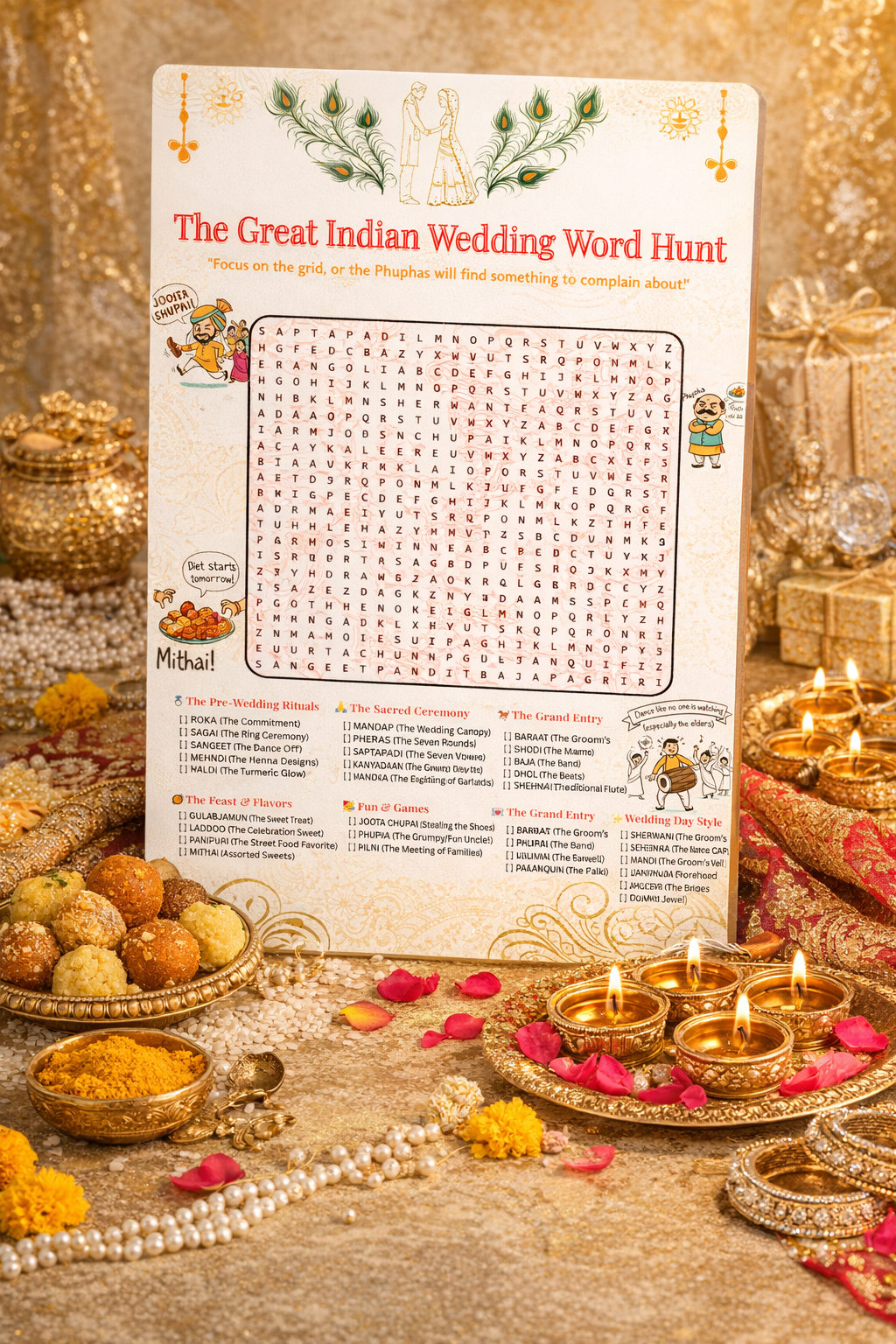 Playzo by Crazy Sutra The Great Indian Wedding Word Hunt Game | A3 Size Activity Sheet Pack of 4 with Solution | Fun Wedding Game for Guests, Baraat & Mehendi Celebrations