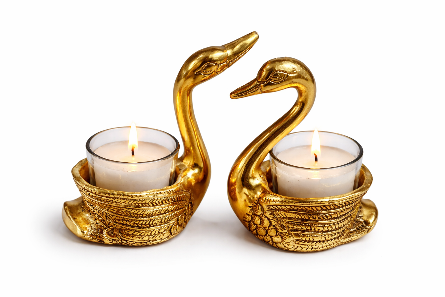 Sukoon by Crazy Golden Swan Tealight Candle Holders Set of 2 | Decorative Metal Swan Diya with Glass Tealight Cups | Luxury Home Décor & Festive Candle Stand for Diwali, Wedding & Gifting