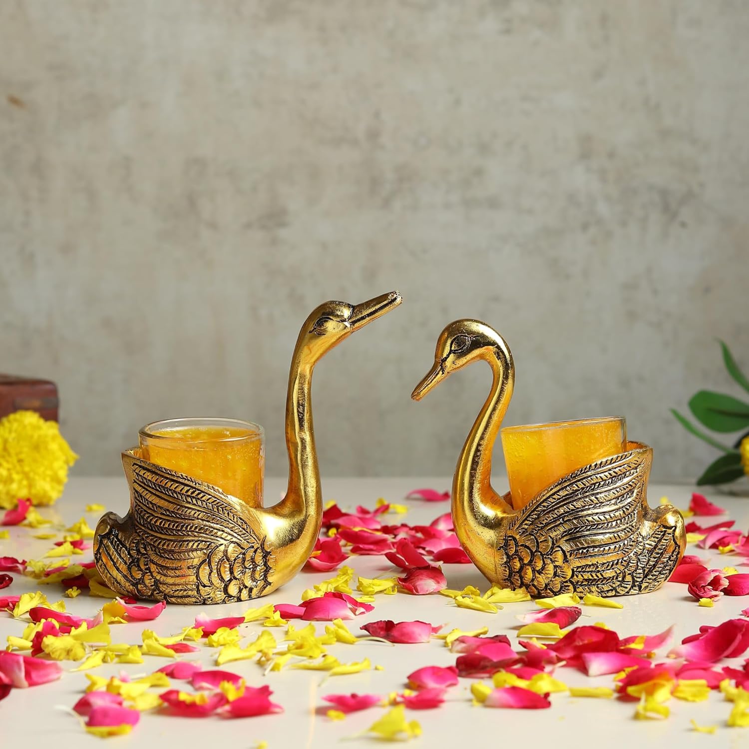 Sukoon by Crazy Golden Swan Tealight Candle Holders Set of 2 | Decorative Metal Swan Diya with Glass Tealight Cups | Luxury Home Décor & Festive Candle Stand for Diwali, Wedding & Gifting