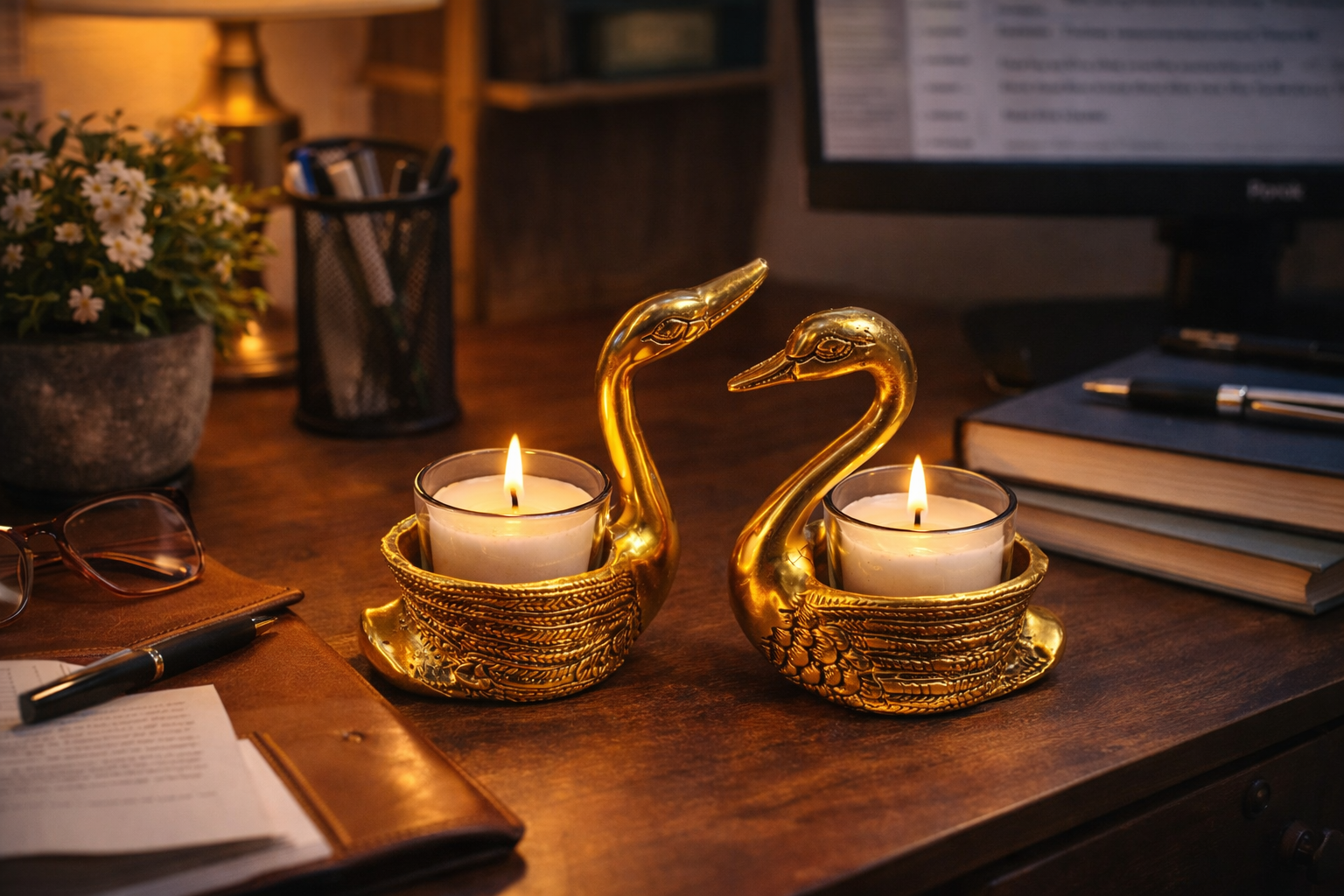 Sukoon by Crazy Golden Swan Tealight Candle Holders Set of 2 | Decorative Metal Swan Diya with Glass Tealight Cups | Luxury Home Décor & Festive Candle Stand for Diwali, Wedding & Gifting