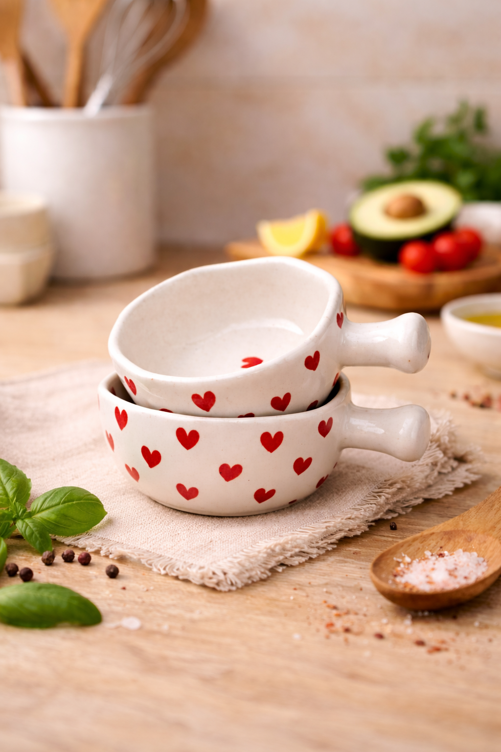 Naturra by Crazy Sutra  Red Ceramic Heart Handpainted Hexagon Chutney Bowls | Sauce Bowls for Ketchup, Chutney & Dips | Dishwasher Safe Tableware | Kitchen Dining Bowl Set of 2