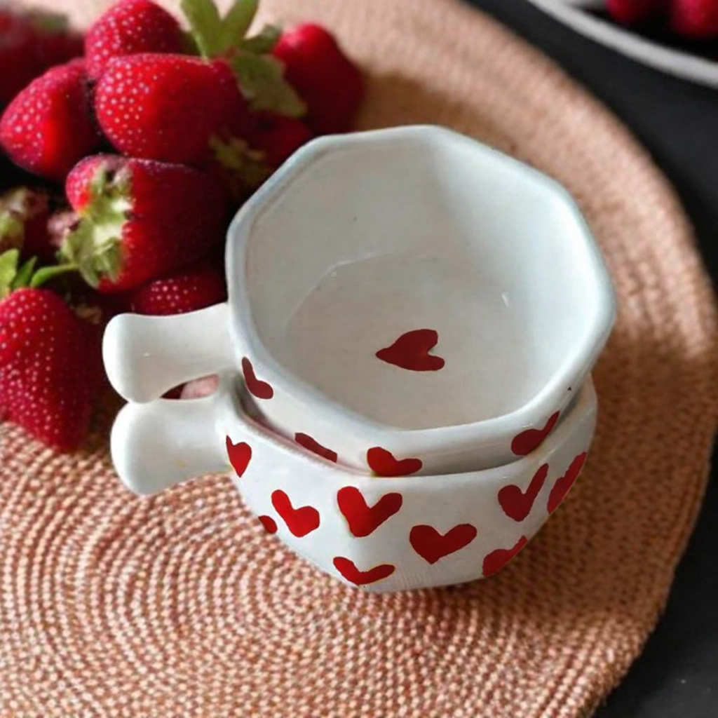Naturra by Crazy Sutra  Red Ceramic Heart Handpainted Hexagon Chutney Bowls | Sauce Bowls for Ketchup, Chutney & Dips | Dishwasher Safe Tableware | Kitchen Dining Bowl Set of 2