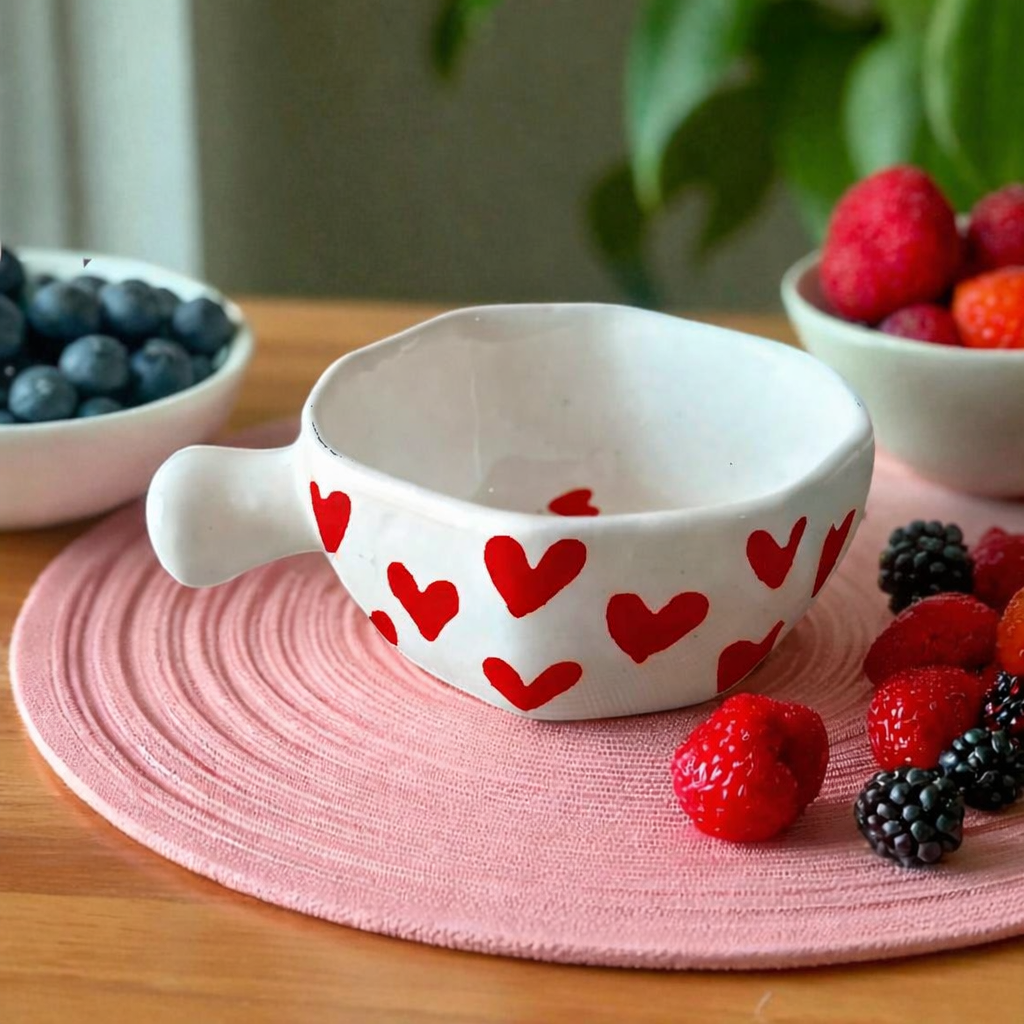Naturra by Crazy Sutra  Red Ceramic Heart Handpainted Hexagon Chutney Bowls | Sauce Bowls for Ketchup, Chutney & Dips | Dishwasher Safe Tableware | Kitchen Dining Bowl Set of 2