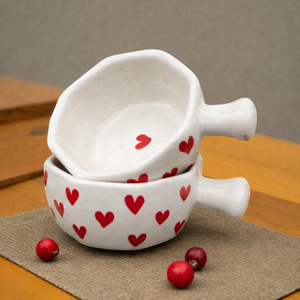 Naturra by Crazy Sutra  Red Ceramic Heart Handpainted Hexagon Chutney Bowls | Sauce Bowls for Ketchup, Chutney & Dips | Dishwasher Safe Tableware | Kitchen Dining Bowl Set of 2
