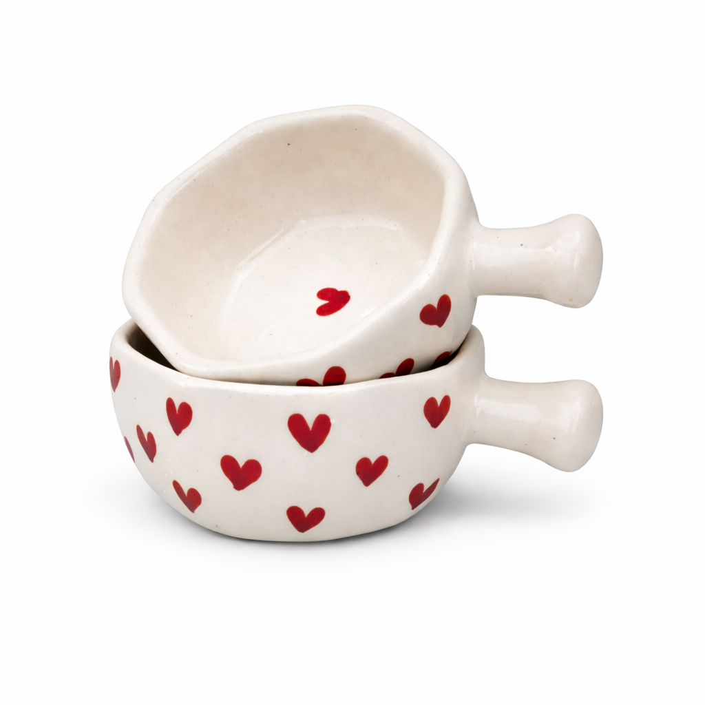 Naturra by Crazy Sutra  Red Ceramic Heart Handpainted Hexagon Chutney Bowls | Sauce Bowls for Ketchup, Chutney & Dips | Dishwasher Safe Tableware | Kitchen Dining Bowl Set of 2