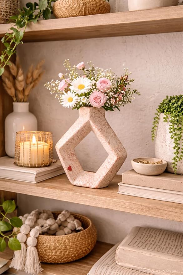 Sukoon by Crazy Sutra Handcrafted Pentagon Ceramic Decor Vase | Abstract Hollow Geometric Design | Modern Tabletop & Shelf Home Décor Accent