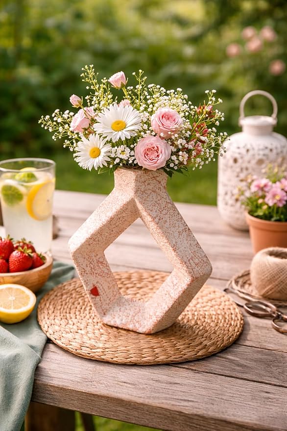 Sukoon by Crazy Sutra Handcrafted Pentagon Ceramic Decor Vase | Abstract Hollow Geometric Design | Modern Tabletop & Shelf Home Décor Accent