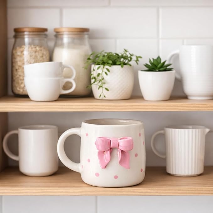 Crazy Sutra Siply Mapland Ribbon Cute Pink Bow Ceramic Coffee Mug | 3D Bow Design Tea Cup | Stylish Printed Mug for Tea, Coffee & Milk | Gift Mug for Girls, Friends & Office (Pink Bow