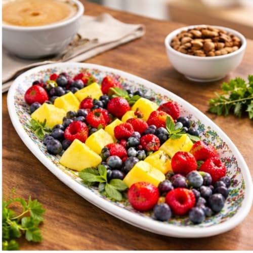Crazy Sutra Naturra Floral Printed Ceramic Oval Serving Platter | Long Designer Serving Plate for Snacks, Starters, Sushi & Desserts | Elegant Dining & Party Serving Dish for Home Kitchen