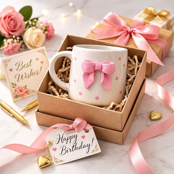 Crazy Sutra Siply Mapland Ribbon Cute Pink Bow Ceramic Coffee Mug | 3D Bow Design Tea Cup | Stylish Printed Mug for Tea, Coffee & Milk | Gift Mug for Girls, Friends & Office (Pink Bow