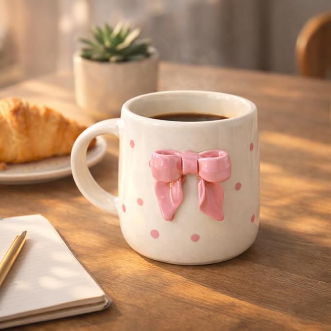Crazy Sutra Siply Mapland Ribbon Cute Pink Bow Ceramic Coffee Mug | 3D Bow Design Tea Cup | Stylish Printed Mug for Tea, Coffee & Milk | Gift Mug for Girls, Friends & Office (Pink Bow