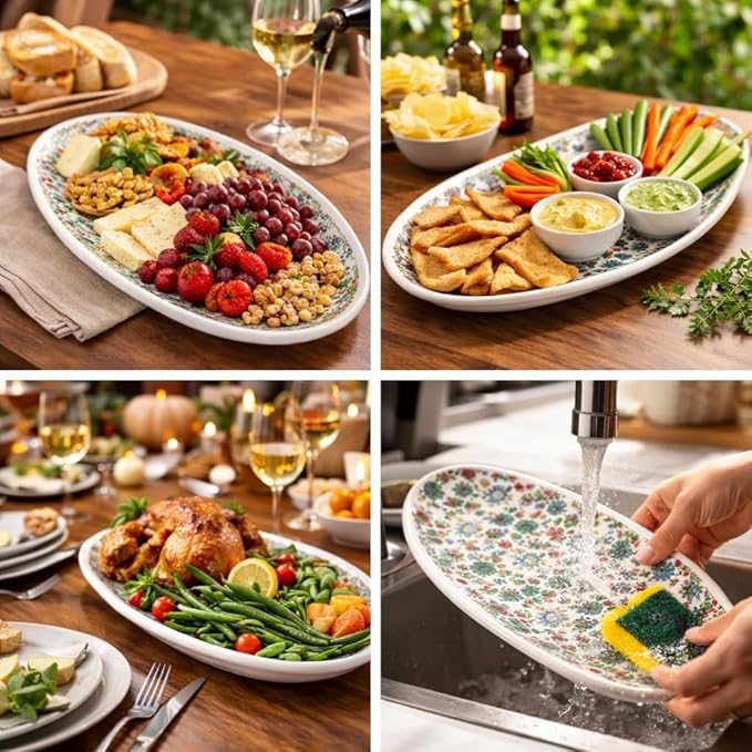 Crazy Sutra Naturra Floral Printed Ceramic Oval Serving Platter | Long Designer Serving Plate for Snacks, Starters, Sushi & Desserts | Elegant Dining & Party Serving Dish for Home Kitchen