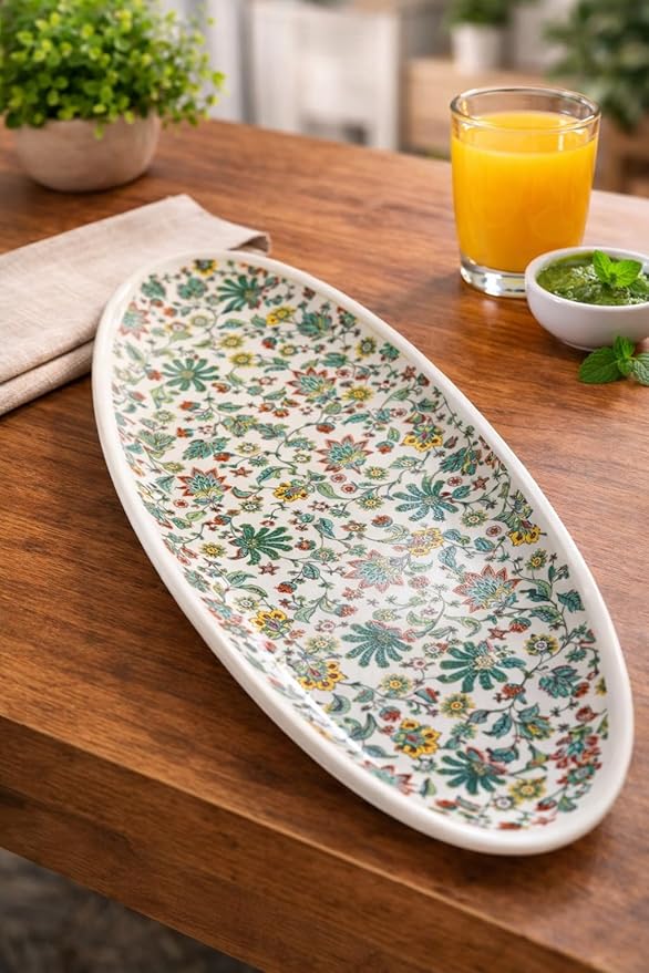 Crazy Sutra Naturra Floral Printed Ceramic Oval Serving Platter | Long Designer Serving Plate for Snacks, Starters, Sushi & Desserts | Elegant Dining & Party Serving Dish for Home Kitchen