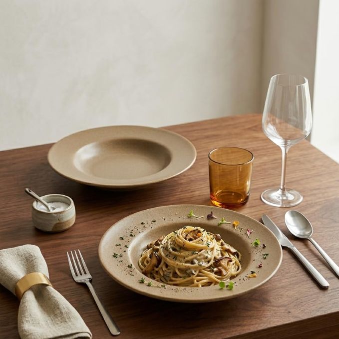 "Handmade ceramic dinner plates set on wooden dining table with pasta, wine glass and linen napkin — beige matte glaze artisan tableware India"