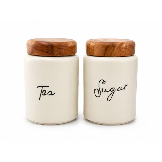 Ceramic Tea & Sugar Canister Set with Natural Acacia Wood Lid — Set of 2 Kitchen Storage Jars