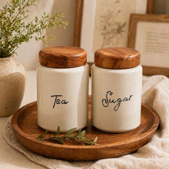 Ceramic Tea & Sugar Canister Set with Natural Acacia Wood Lid — Set of 2 Kitchen Storage Jars