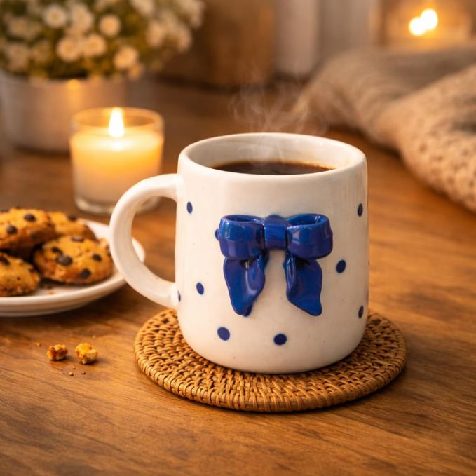 Cute Blue Bow Ceramic Coffee Mug Online in India