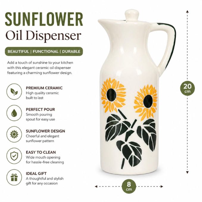 Crazy Sutra Naturra Sunflower Ceramic Oil Dispenser Bottle | Decorative Vinegar & Olive Oil Pourer with Lid | Kitchen Serving Cruet