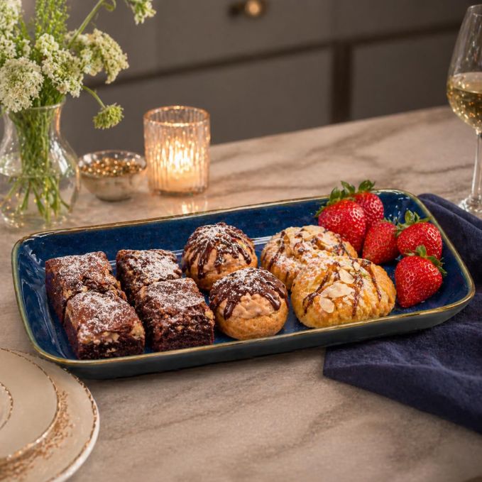 Crazy Sutra Naturra Blue Slide Ceramic Serving Platter | Rectangular Stoneware Snack & Appetizer Tray | Modern Dinner Serveware