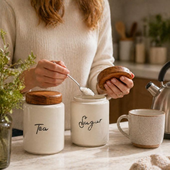 Ceramic Tea & Sugar Canister Set with Natural Acacia Wood Lid — Set of 2 Kitchen Storage Jars