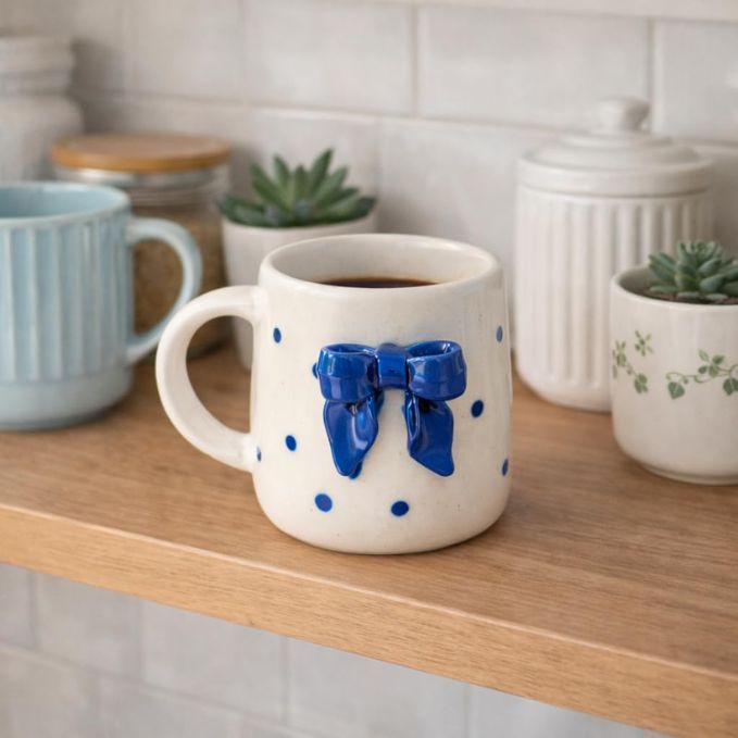 Cute Blue Bow Ceramic Coffee Mug Online in India
