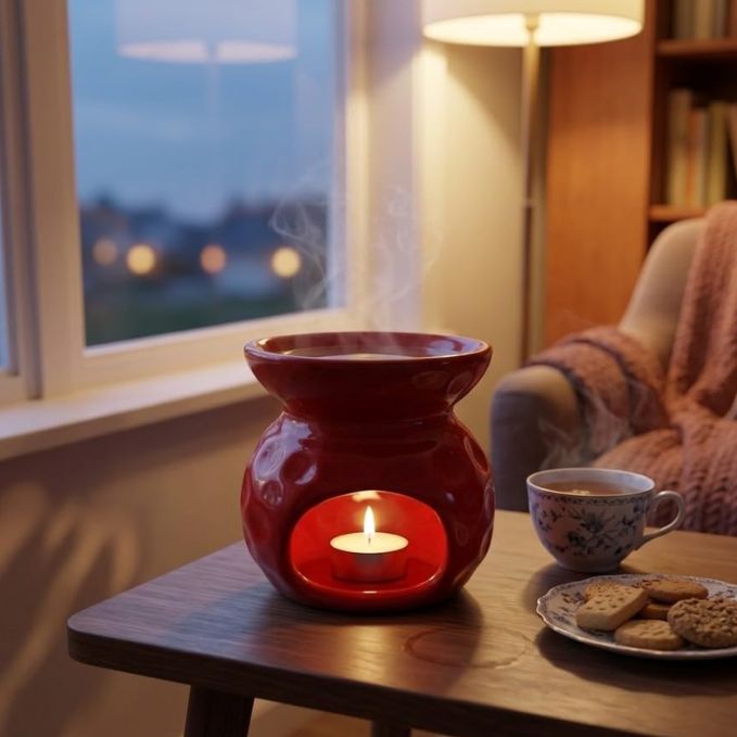 Luxury Red Ceramic Aroma Oil Burner – Decorative Wax Melt Diffuser for Home