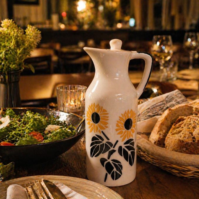 Crazy Sutra Naturra Sunflower Ceramic Oil Dispenser Bottle | Decorative Vinegar & Olive Oil Pourer with Lid | Kitchen Serving Cruet