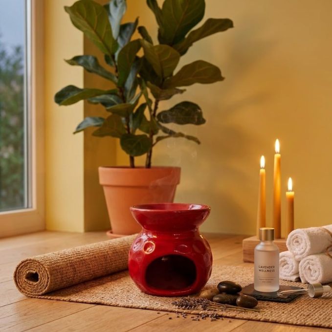 Luxury Red Ceramic Aroma Oil Burner – Decorative Wax Melt Diffuser for Home
