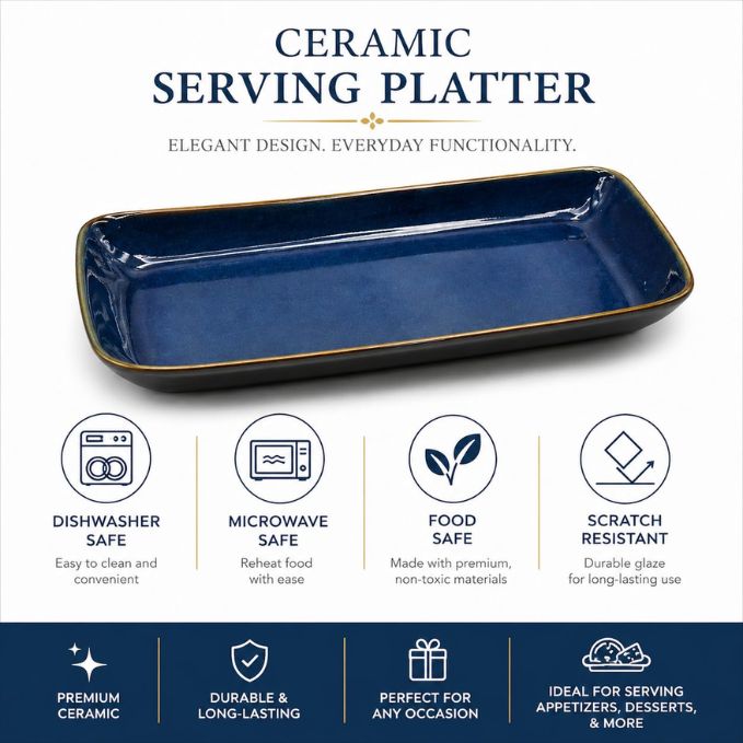 Crazy Sutra Naturra Blue Slide Ceramic Serving Platter | Rectangular Stoneware Snack & Appetizer Tray | Modern Dinner Serveware