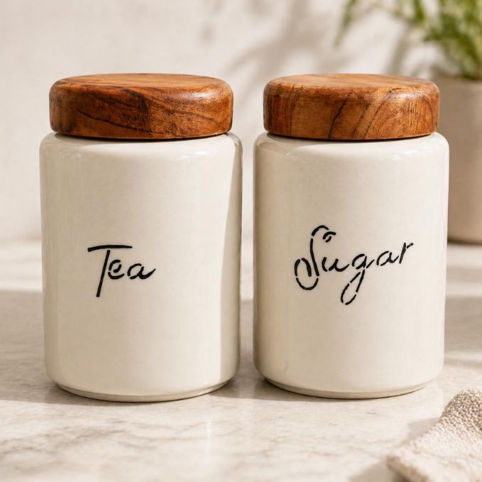 Ceramic Tea & Sugar Canister Set with Natural Acacia Wood Lid — Set of 2 Kitchen Storage Jars