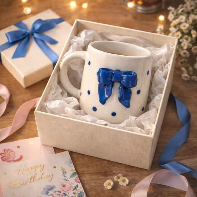 Cute Blue Bow Ceramic Coffee Mug Online in India