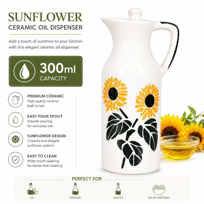 Crazy Sutra Naturra Sunflower Ceramic Oil Dispenser Bottle | Decorative Vinegar & Olive Oil Pourer with Lid | Kitchen Serving Cruet