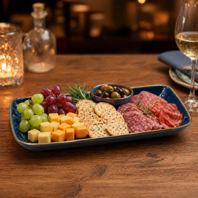 Crazy Sutra Naturra Blue Slide Ceramic Serving Platter | Rectangular Stoneware Snack & Appetizer Tray | Modern Dinner Serveware