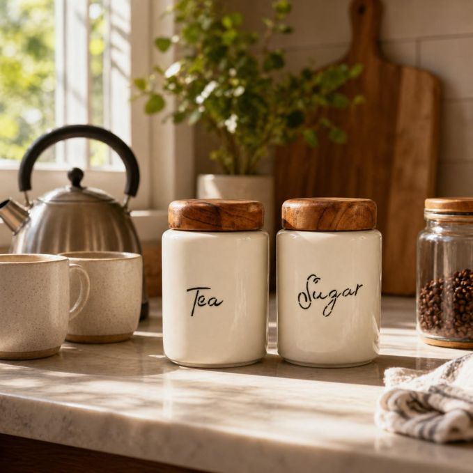 Ceramic Tea & Sugar Canister Set with Natural Acacia Wood Lid — Set of 2 Kitchen Storage Jars