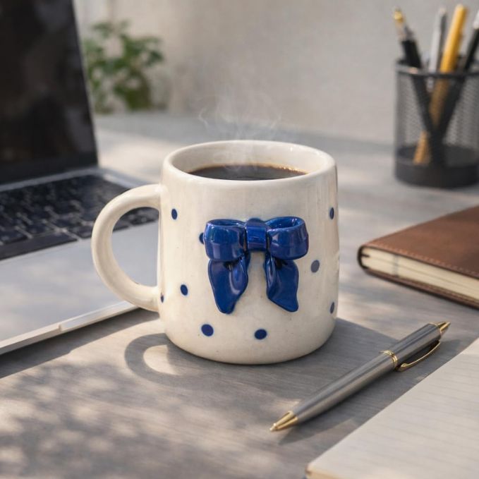 Cute Blue Bow Ceramic Coffee Mug Online in India