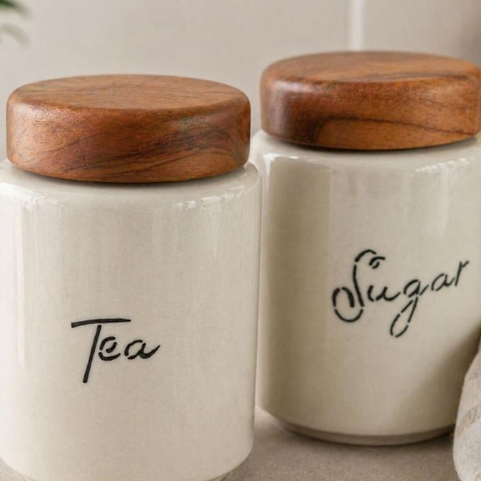 Ceramic Tea & Sugar Canister Set with Natural Acacia Wood Lid — Set of 2 Kitchen Storage Jars