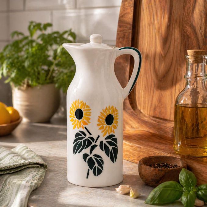 Crazy Sutra Naturra Sunflower Ceramic Oil Dispenser Bottle | Decorative Vinegar & Olive Oil Pourer with Lid | Kitchen Serving Cruet