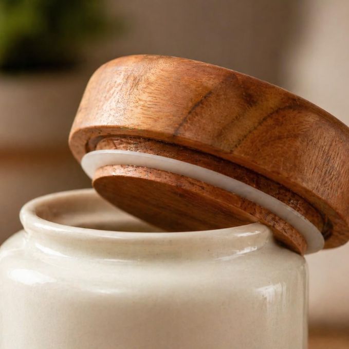 Ceramic Tea & Sugar Canister Set with Natural Acacia Wood Lid — Set of 2 Kitchen Storage Jars