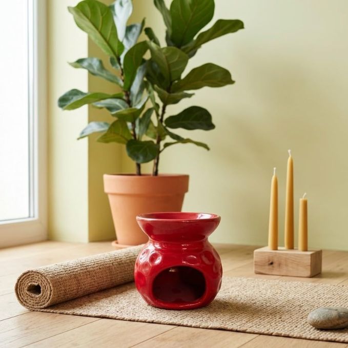 Luxury Red Ceramic Aroma Oil Burner – Decorative Wax Melt Diffuser for Home
