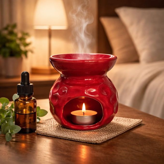 Luxury Red Ceramic Aroma Oil Burner – Decorative Wax Melt Diffuser for Home