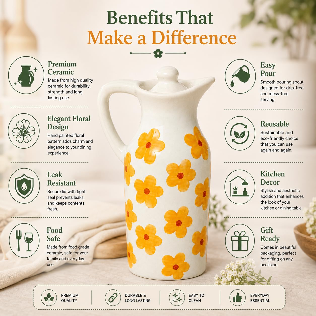 Crazy Sutra Naturra Ceramic Floral Oil Dispenser Bottle | Olive Oil Pourer with Lid